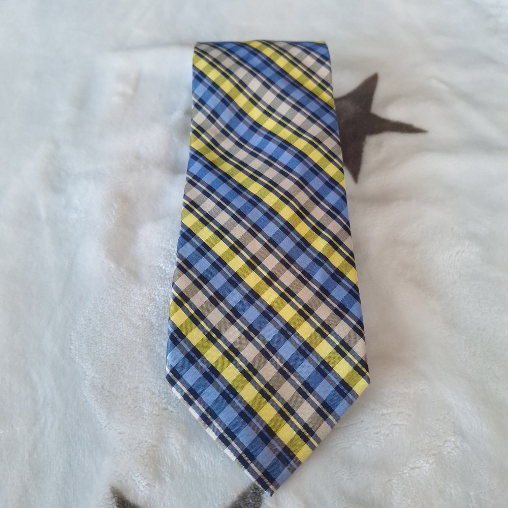 Chaps Mens Necktie Blue and Yellow Plaid 100% Silk Designer Tie Handmade - Picture 3 of 9